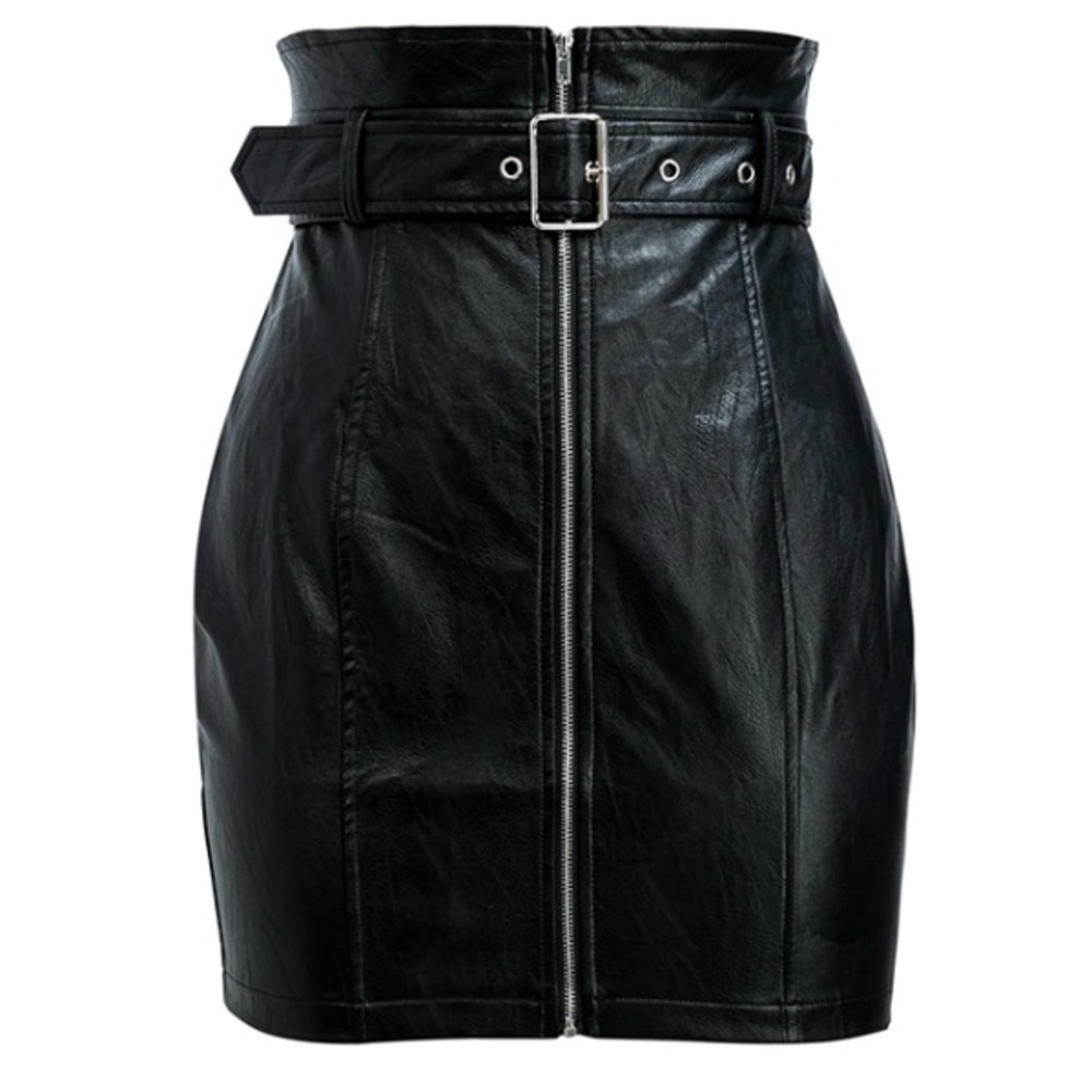 CLEARANCE Black Vegan Faux Leather Zip Up Belted Skirt - Picture 4 of 7